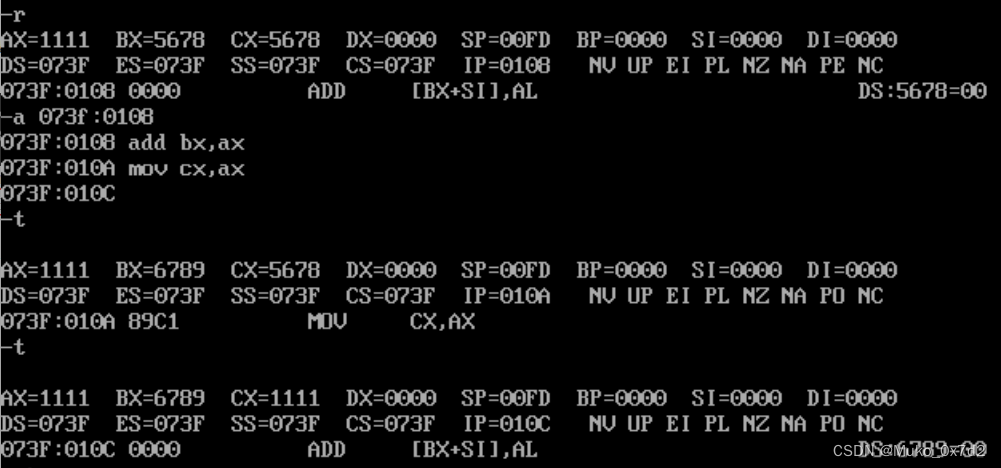 1.2 debug的六种指令的使用，四个通用寄存器