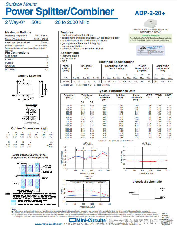 ADP-2-20+ 信号调节 20MHz-2GHzRF功分器 合路器