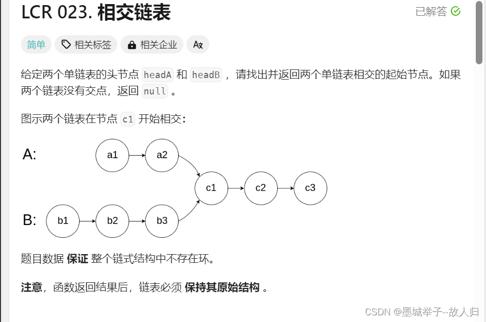 力扣经典题：相交链表