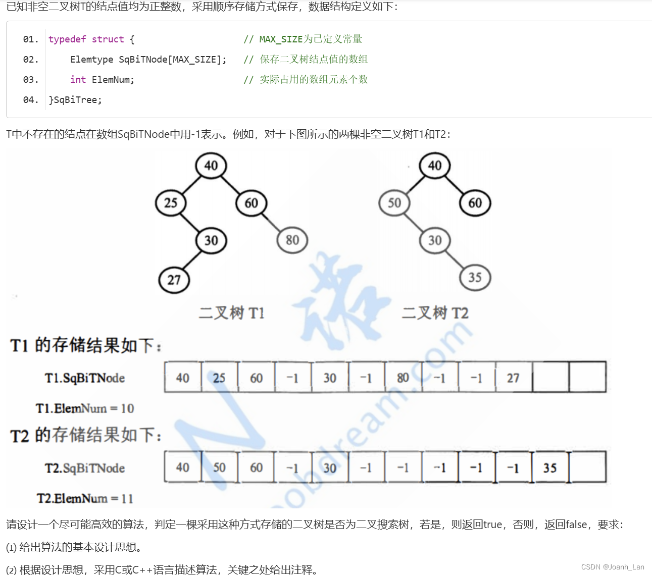 数据结构--二叉树--顺序存储判断是否二叉搜索树(2022统考真题)