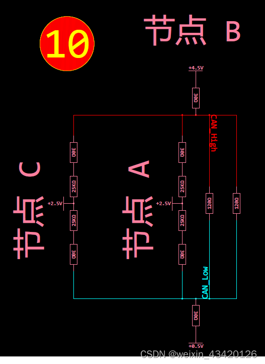 高速CAN总线 C 或 B 节点发送 A节点接收 电压分析