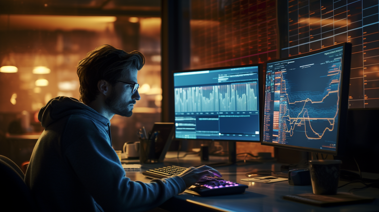 A high-tech expert working on Python programming in a cool and futuristic Jupyter Notebook environment. The scene is filled with digital screens displaying complex code, graphs, and data visualizations, creating a sense of advanced technology and innovation. --version 5.2 --quality 1 --chaos 0 --stylize 100 --aspect 16:9