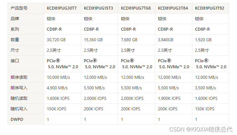 KIOXIA CD8P-R 1.92TB SSD KCD81PUG1T92数据中心读密集型