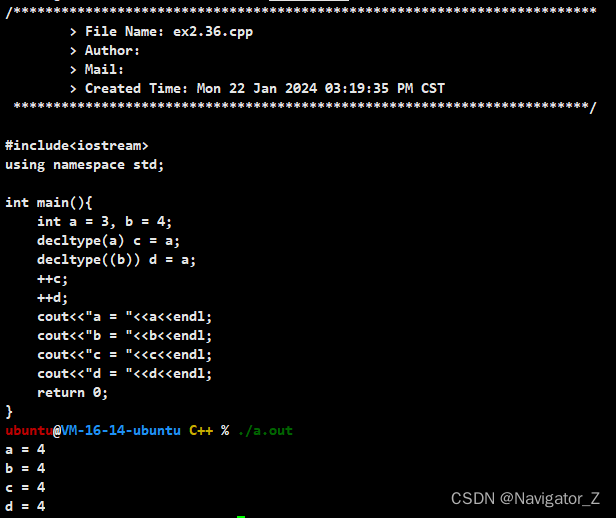 C++ //练习 2.36 关于下面的代码，请指出每一个变量的类型以及程序结束时它们各自的值。