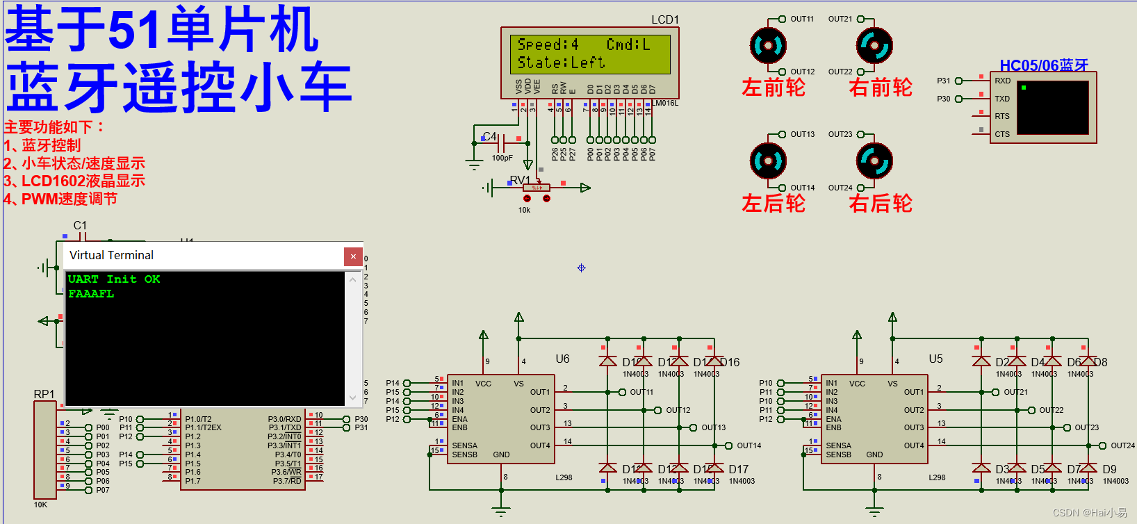 【Proteus仿真】【51单片机】蓝牙遥控小车