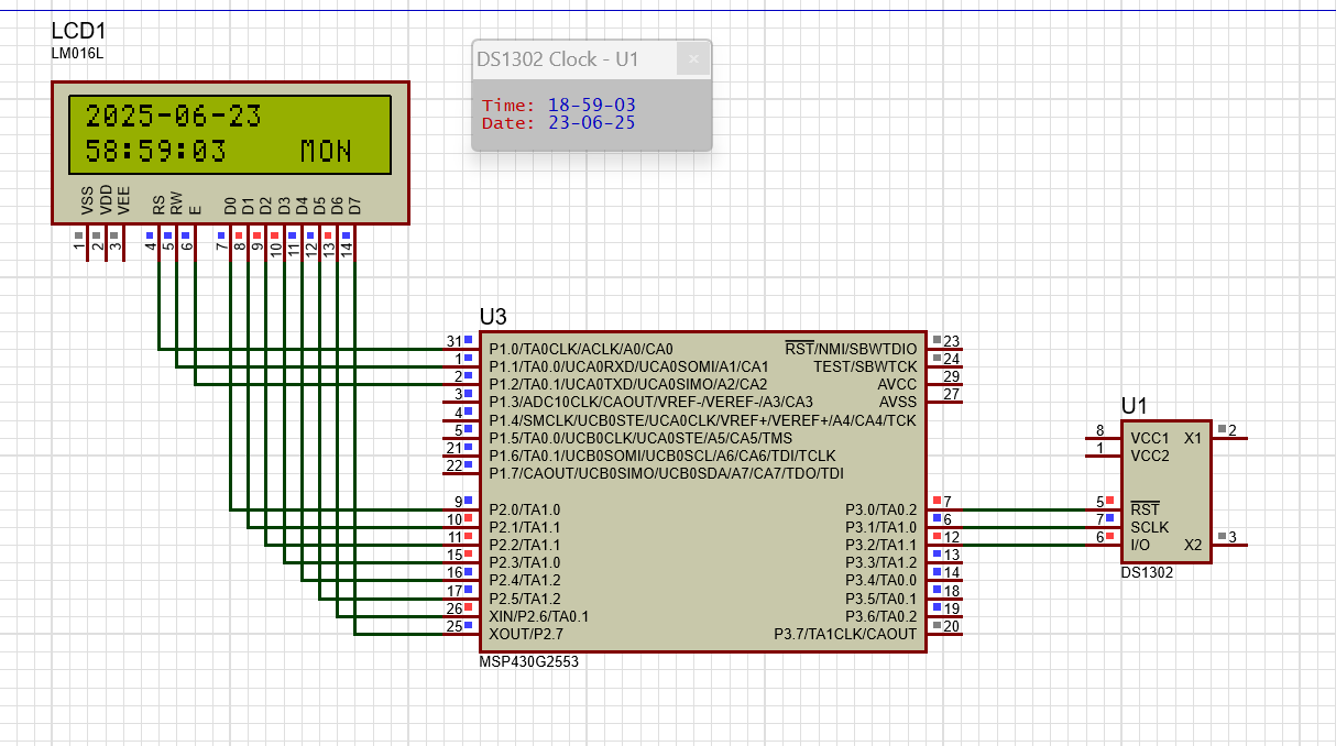 【TB作品】MSP430G2553，DS1302，LCD1602，时间读取和显示，万年历，Proteus仿真