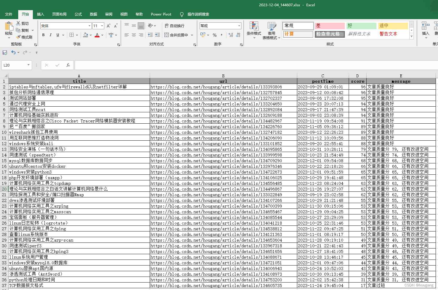 python获取指定用户csdn博客列表并查询质量分，将结果保存到excel