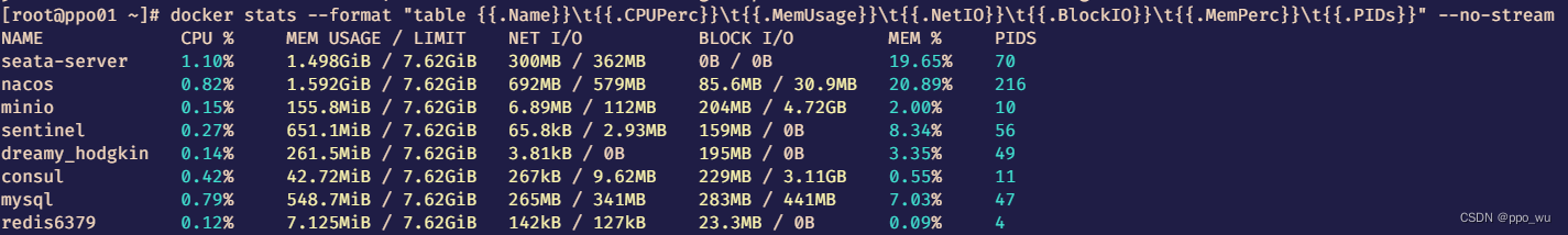 查看docker中各个容器所占的资源