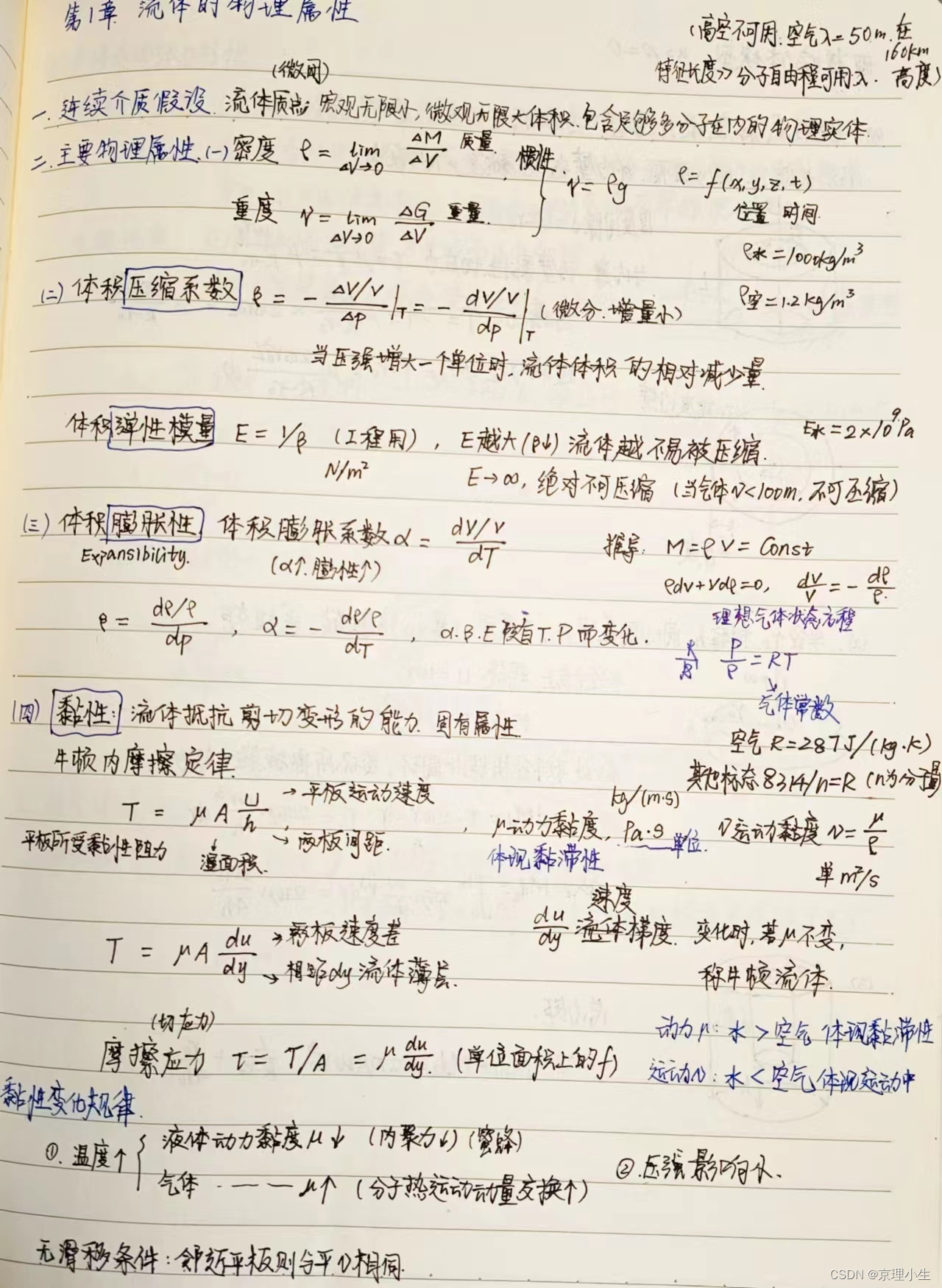 BIT工程流体力学基础——第一章 学习笔记+公式总结+习题参考_流体力学学习笔记-CSDN博客
