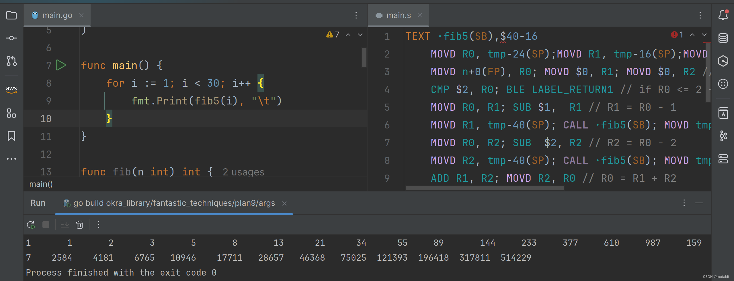 用Go plan9汇编实现斐波那契数列计算