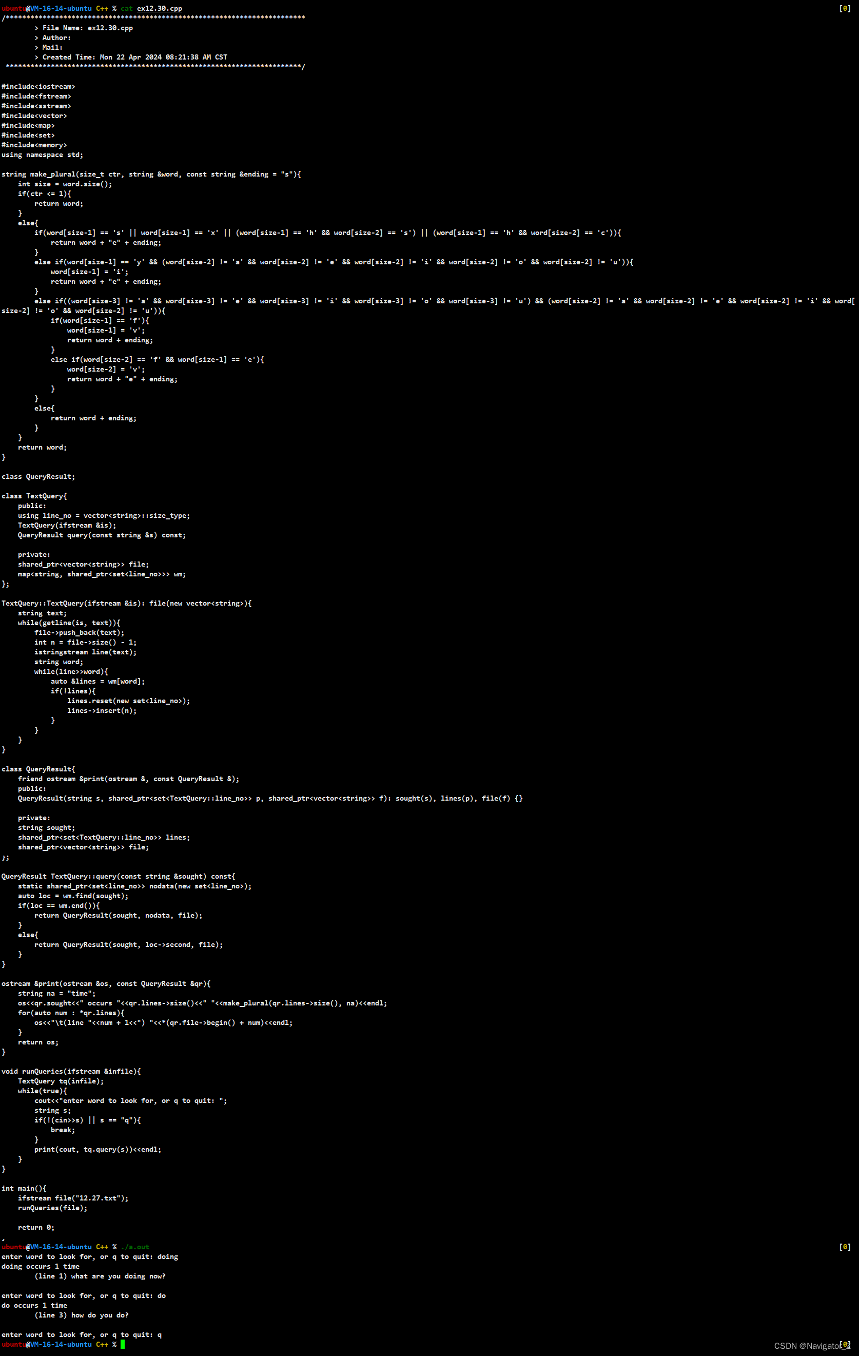 C++ //练习 12.30 定义你自己版本的TextQuery和QueryResult类，并执行12.3.1节（第431页）中的runQueries函数。