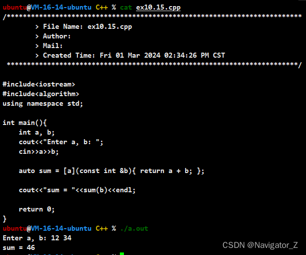 C++ //练习 10.15 编写一个lambda，捕获它所在函数的int，并接受一个int参数。lambda应该返回捕获的int和int参数的和。