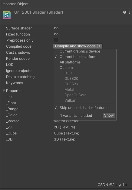 在UnityShader的导入设置面板中可以通过Compile and show code按钮来查看Unity对Cg片段编译后的代码，通过单击Compile and show按钮右侧的倒三角可以打开下拉菜单，在这个下拉菜单中可以选择变异的平台种类，如职位当前的显卡设备编译特定的汇编代码，或为所有的平台编译汇编代码，也可以自定义选择编译到哪些平台上