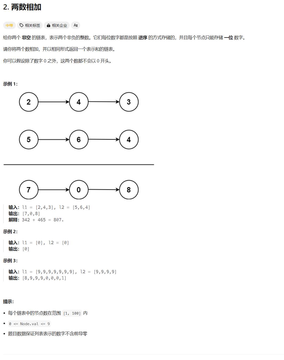 <span style='color:red;'>力</span><span style='color:red;'>扣</span>hot<span style='color:red;'>100</span> 两数<span style='color:red;'>相加</span> <span style='color:red;'>链</span><span style='color:red;'>表</span> 思维