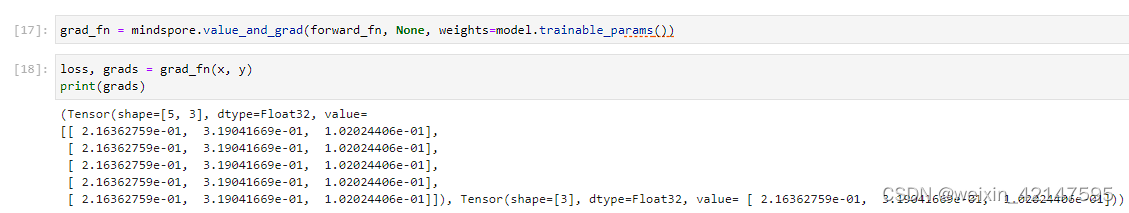 使用模型参数求导，weights参数，使用model.trainable_params()方法从Cell中取出可以求导的参数