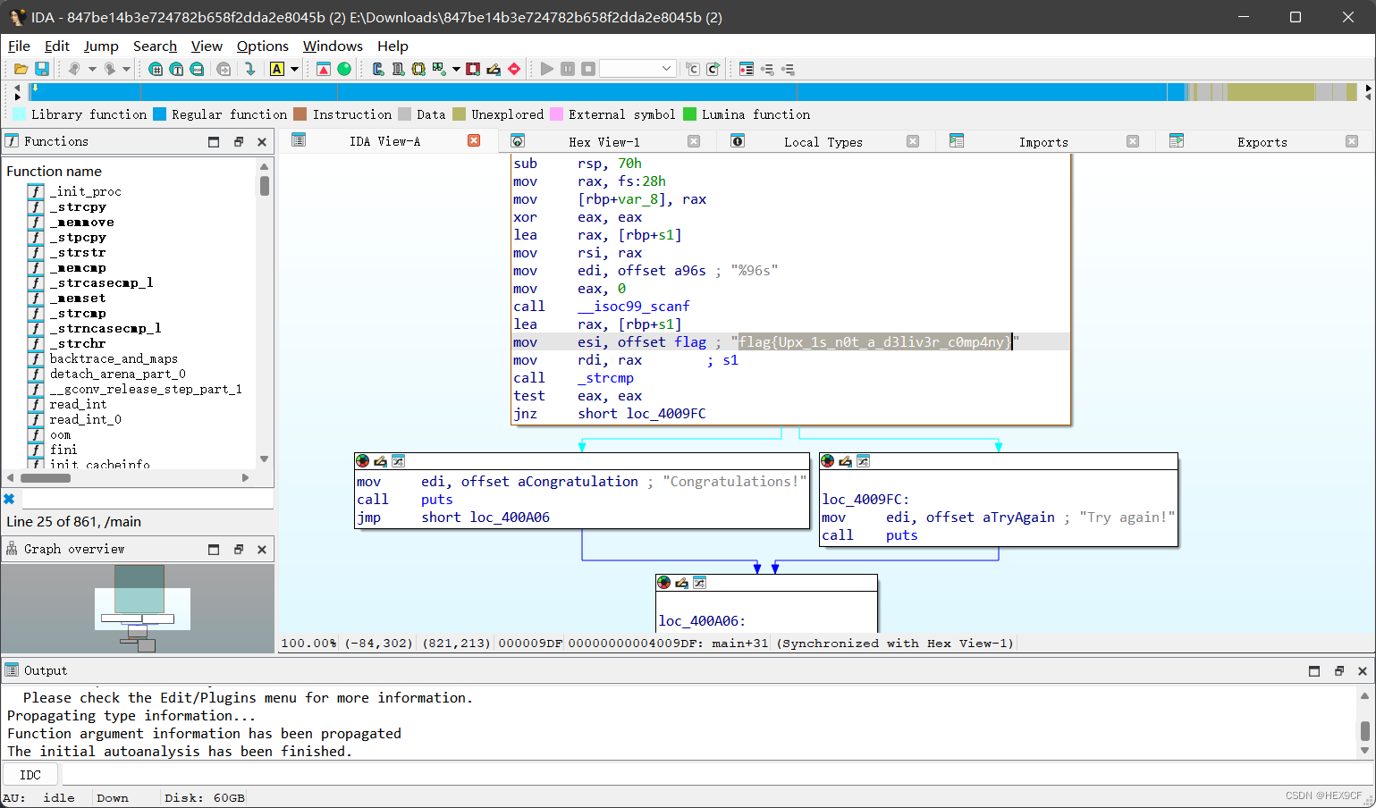 【CTF Reverse】XCTF GFSJ0490 simple-unpack Writeup（UPX壳+脱壳+反汇编）