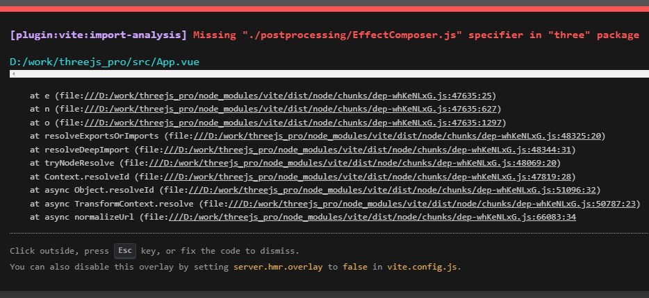 解决Missing “./postprocessing/EffectComposer.js“ specifier in “three ...
