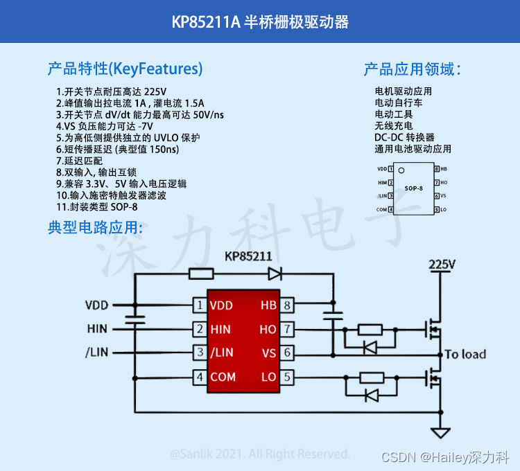 可代替IRS2003的半桥栅极驱动器KP85211A 225V耐压 1A/1.5A