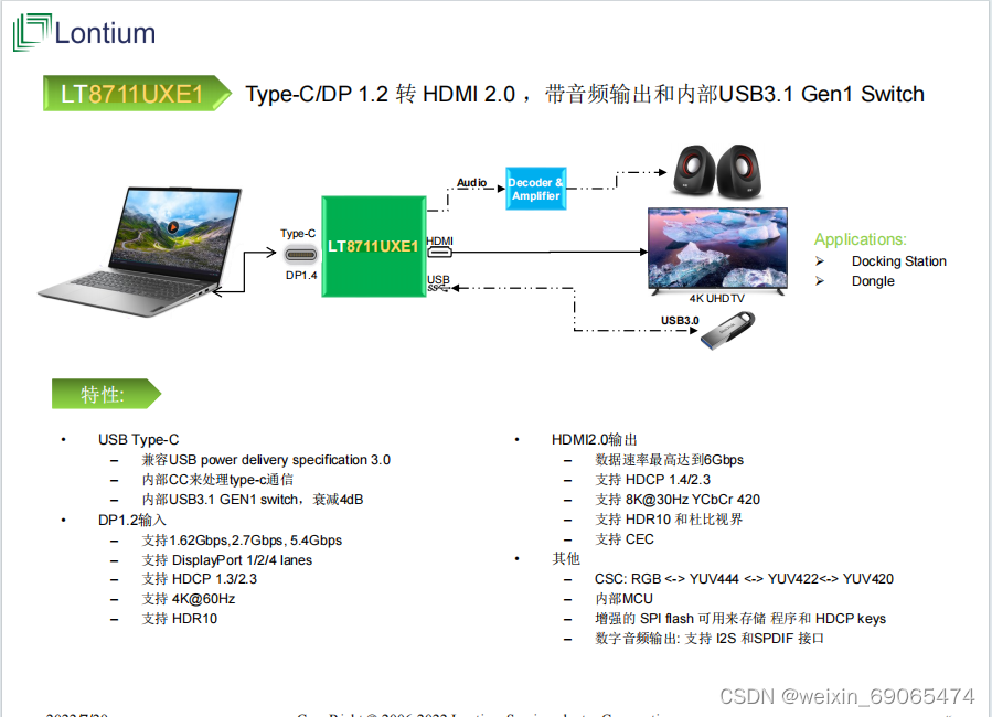 龙迅#LT8711UXE1 适用于Type-C/DP1.2/EDP转<span style='color:red;'>HDMI</span>2.0<span style='color:red;'>方案</span>，支持<span style='color:red;'>音频</span>剥离和HDCP<span style='color:red;'>功能</span>。