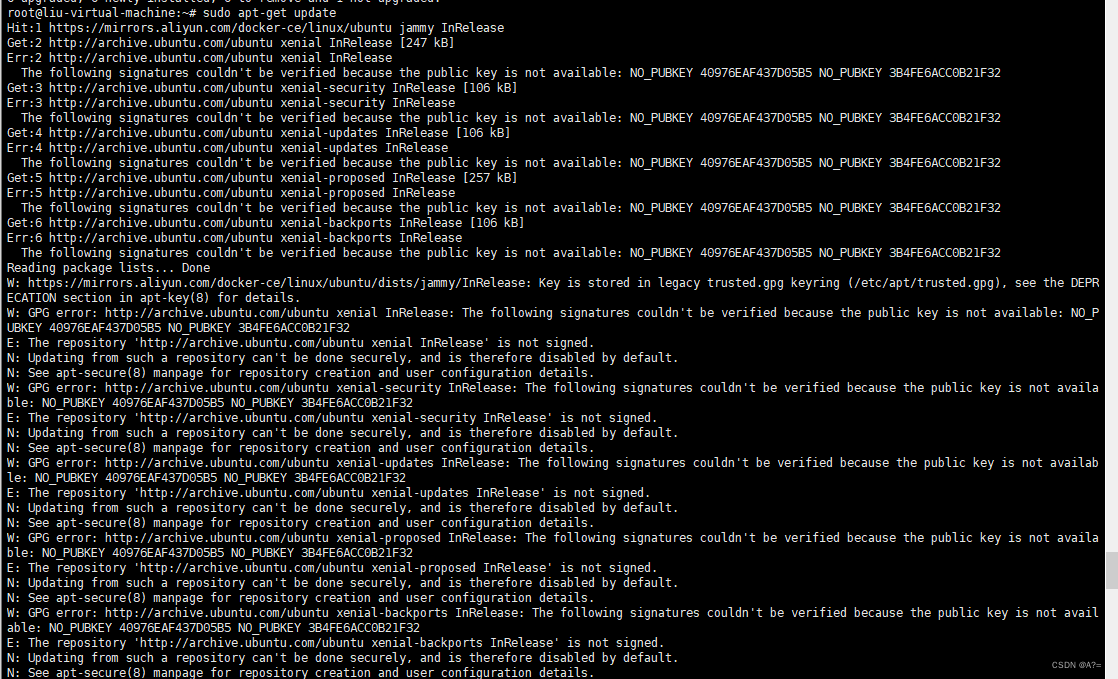 E: The repository 'http://archive.ubuntu.com/ubuntu xenial InRelease' is not signed.
N: Updating from such a repository can't be done securely, and is therefore disabled by default.
N: See apt-secure(8) manpage for repository creation and user configuration details.
W: GPG error: http://archive.ubuntu.com/ubuntu xenial-security InRelease: The following signatures couldn't be verified because the public key is not available: NO_PUBKEY 40976EAF437D05B5 NO_PUBKEY 3B4FE6ACC0B21F32
E: The repository 'http://archive.ubuntu.com/ubuntu xenial-security InRelease' is not signed.
N: Updating from such a repository can't be done securely, and is therefore disabled by default.
N: See apt-secure(8) manpage for repository creation and user configuration details.
W: GPG error: http://archive.ubuntu.com/ubuntu xenial-updates InRelease: The following signatures couldn't be verified because the public key is not available: NO_PUBKEY 40976EAF437D05B5 NO_PUBKEY 3B4FE6ACC0B21F32
E: The repository 'http://archive.ubuntu.com/ubuntu xenial-updates InRelease' is not signed.
