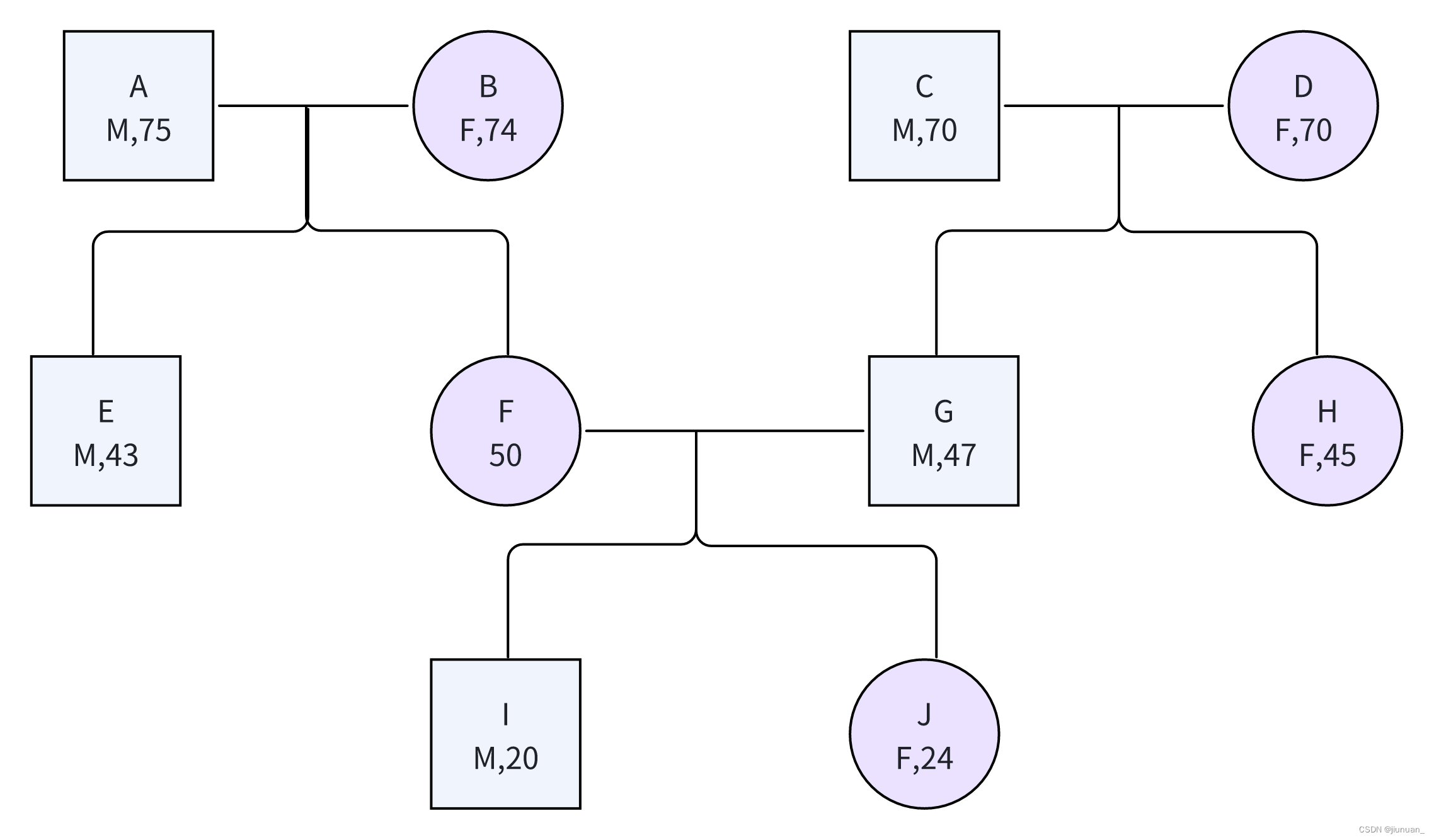 一个简单的家谱树，包含姓名、性别、年龄