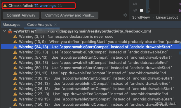 Android Studio 提示Use app:drawableStartCompat instead of android:drawableStart