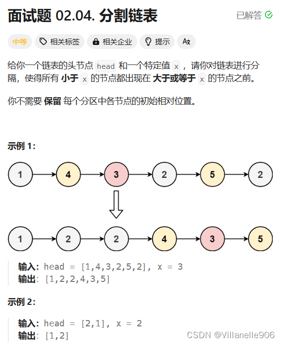 单链表经典算法 面试题--力扣02.04