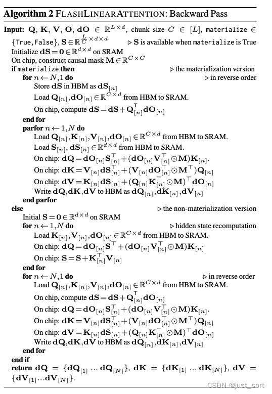 FLASHLINEARATTENTION的Backward Pass伪代码，materialize表示是否对隐藏状态S进行重计算