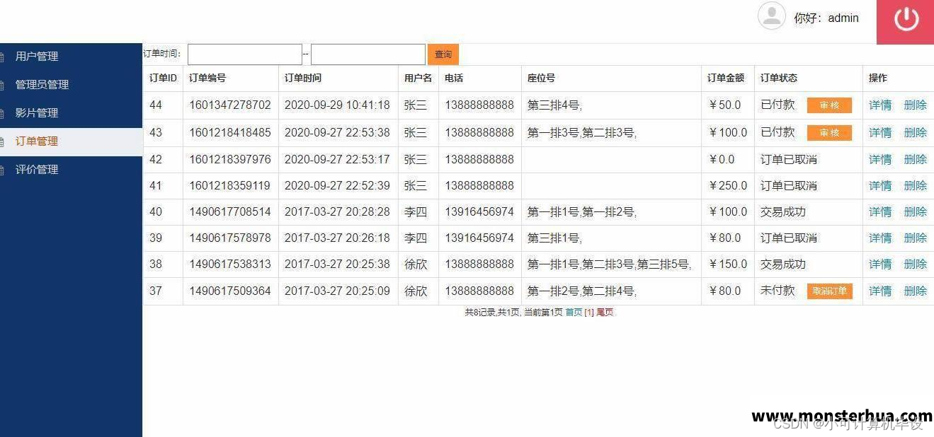 计算机毕业设计-----SSH在线电影售票选座版网站平台系统