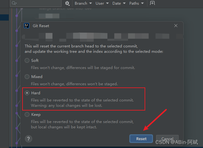 IDEA：git <span style='color:red;'>回</span><span style='color:red;'>滚</span>本地<span style='color:red;'>提交</span>-git 选择 Reset Current Branch to