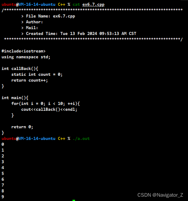 C++ //练习 6.7 编写一个函数，当它第一次被调用时返回0，以后每次被调用返回值加1。