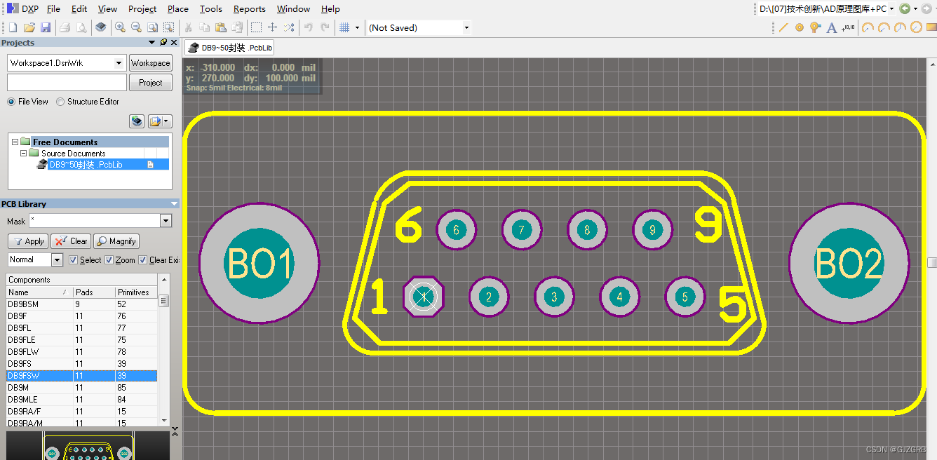 常用接插件 DB9 DB15 DB25 DB37 DB50直插90度弯针型孔型Altium库 AD元件库 (PCB封装库)_db25库-CSDN博客