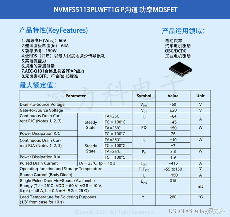 NVMFS5113PLWFT1G汽车级功率MOSFET 60V 10A/64A满足AEC-Q101标准