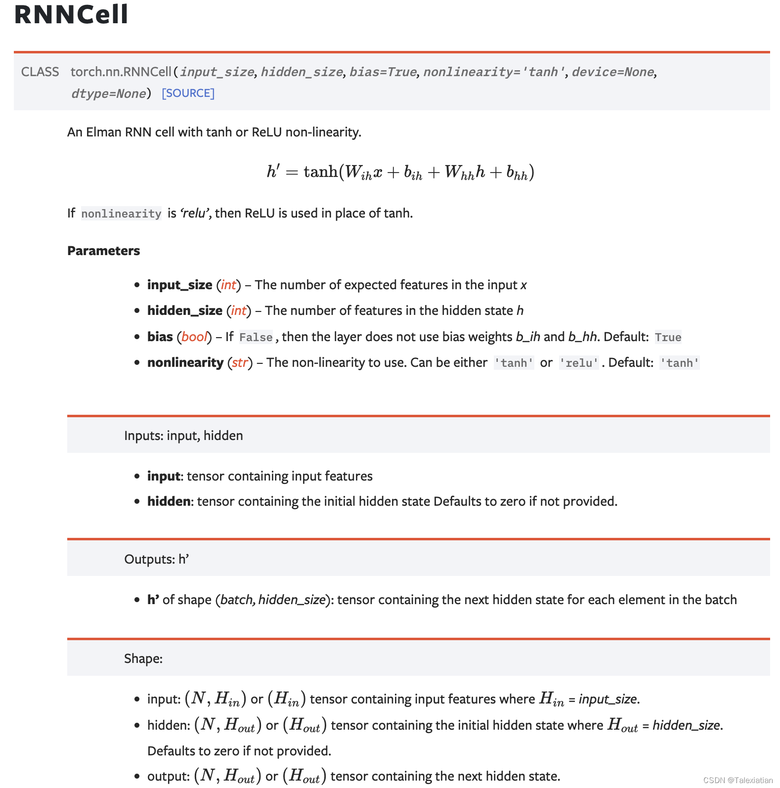  Pytorch中对RNNCell的定义