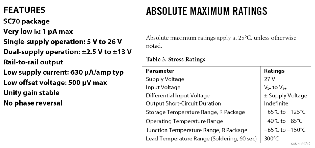 AD8625/AD8626/AD8627运算放大器的“主要特性”和绝对最大值规格