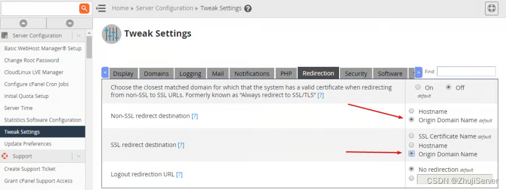 如何阻止cPanel与WHM自动重定向到服务器主机名