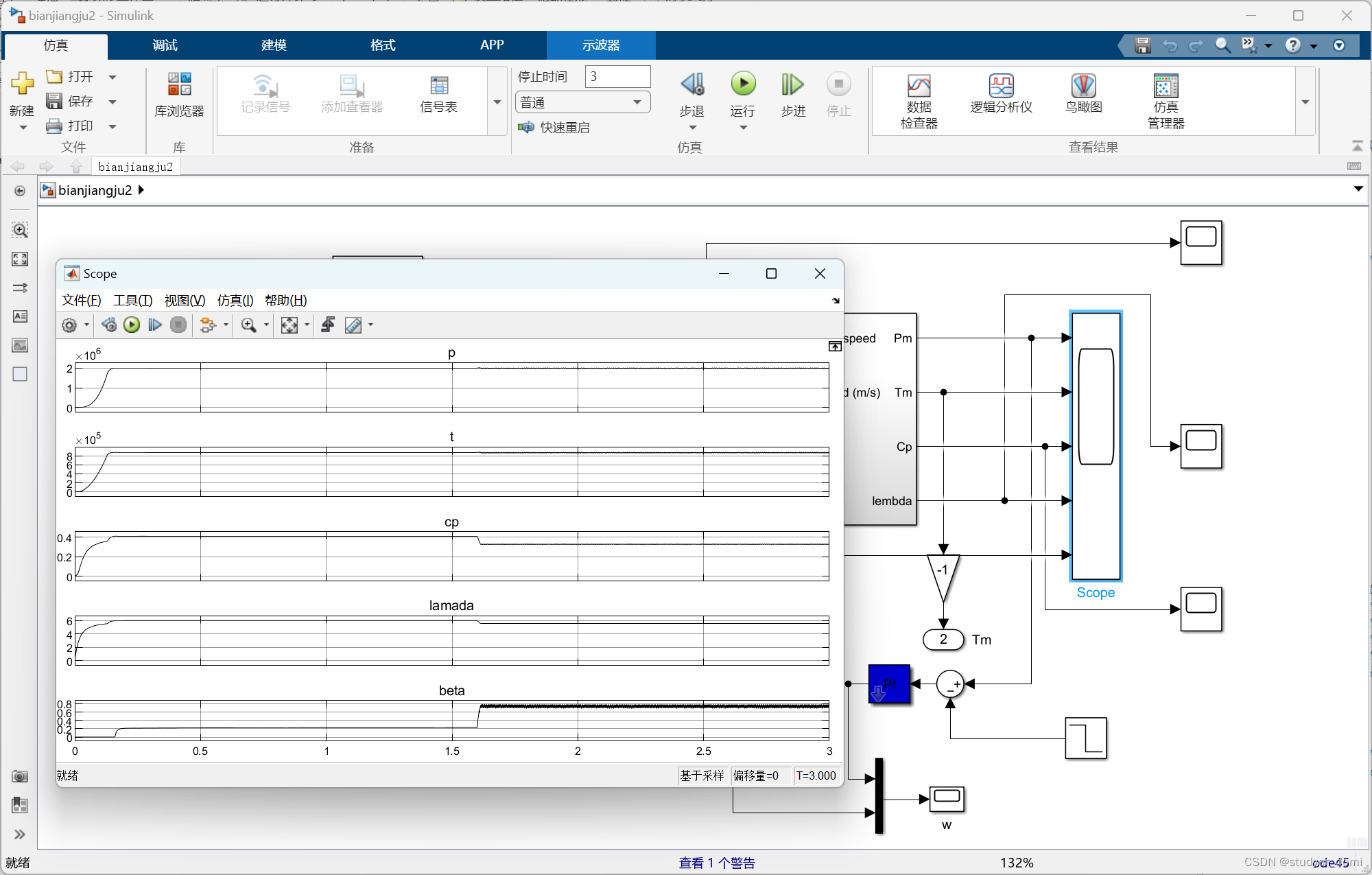 matlab simulink风力发电机变桨距PI控制仿真