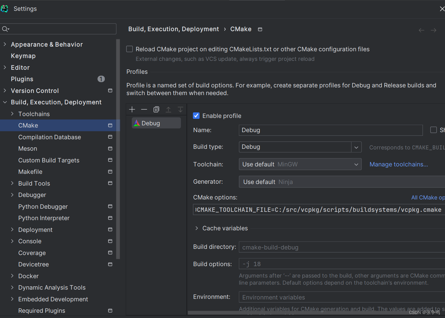 在这里将-DCMAKE_TOOLCHAIN_FILE=[path to vcpkg]/scripts/buildsystems/vcpkg.cmake 填入Cmake options即可开始进行vcpkg的工具管理