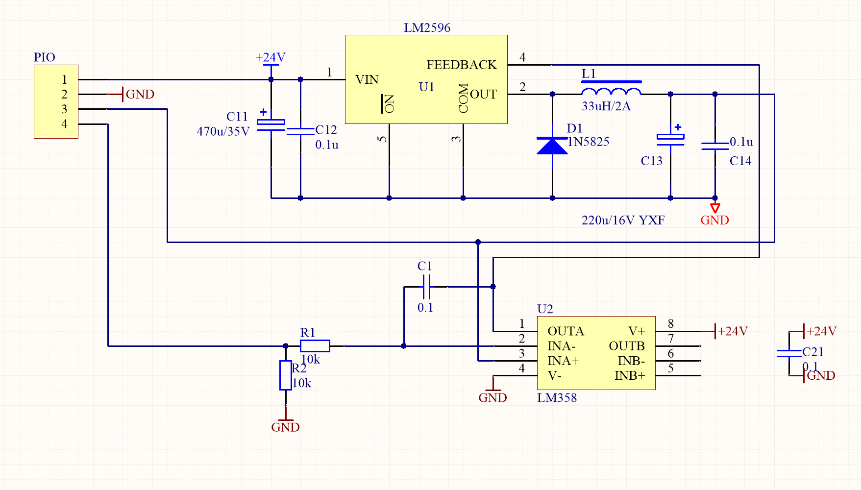 在lm2596基本稳压电路的基础上, 65将原来直接反馈的输出电压