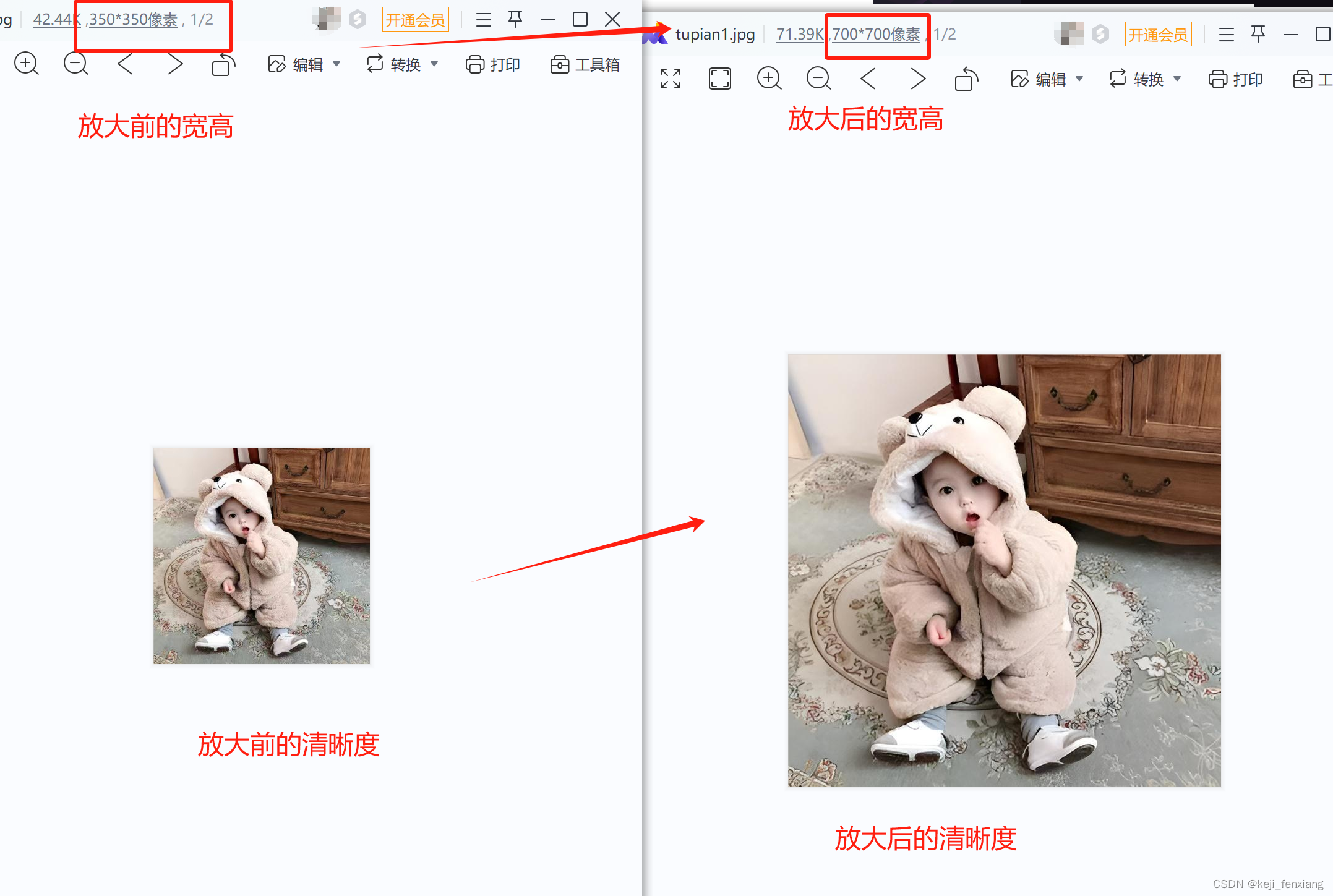 对比放大前后的照片我们可以看到图片尺寸被放大了,但是清晰度并没有