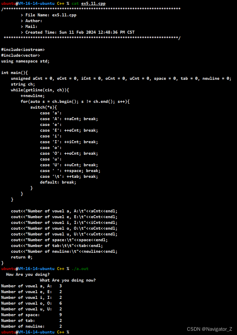 C++ //练习 5.12 修改统计元音字母的程序，使其也能统计空格、制表符和换行符的数量。