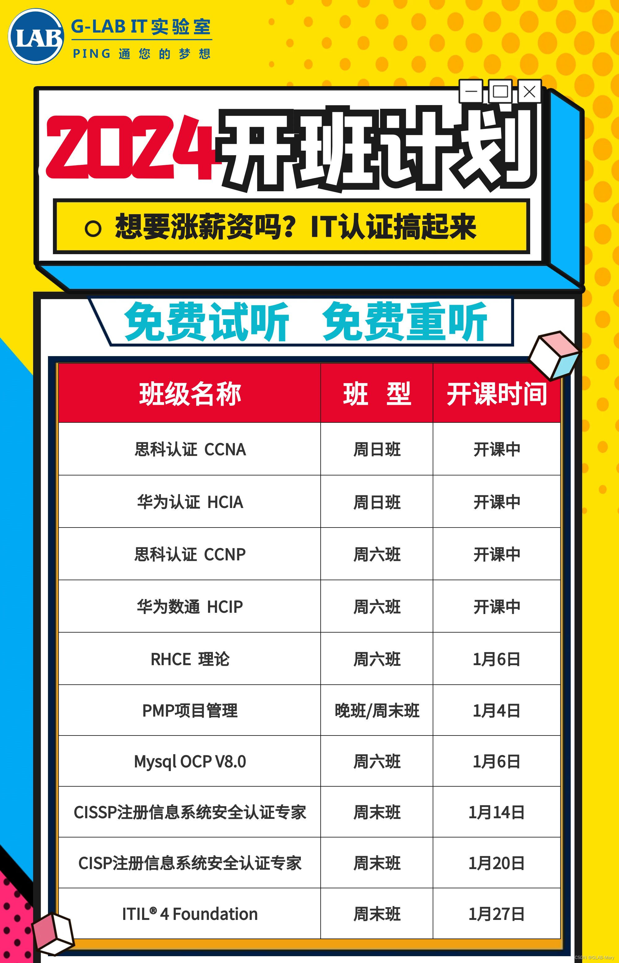 G-LAB|2024年1月份最新的开班计划