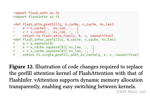 图12. 代码变更示意图：将FlashAttention的 prefill 注意力 kernel 替换为 FlashInfer 的 prefill 注意力kernel。vAttention 支持透明的动态内存分配，使得 kernel 之间的切换变得容易。