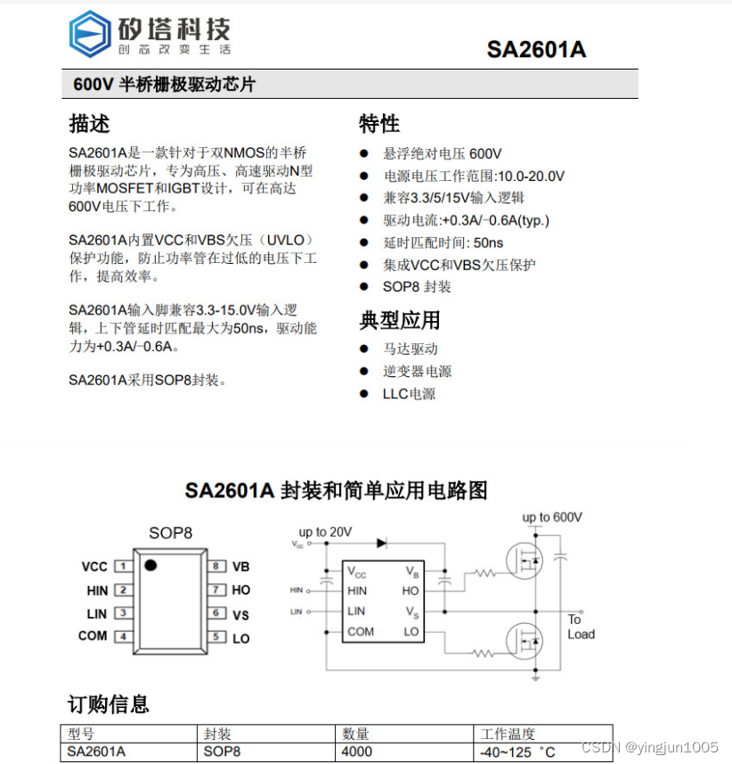 SA2601A 矽塔SYTATEK双NMOS半桥栅极驱动芯片 600V单相