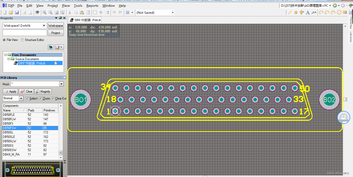 常用接插件 DB9 DB15 DB25 DB37 DB50直插90度弯针型孔型Altium库 AD元件库 (PCB封装库)_db25库-CSDN博客