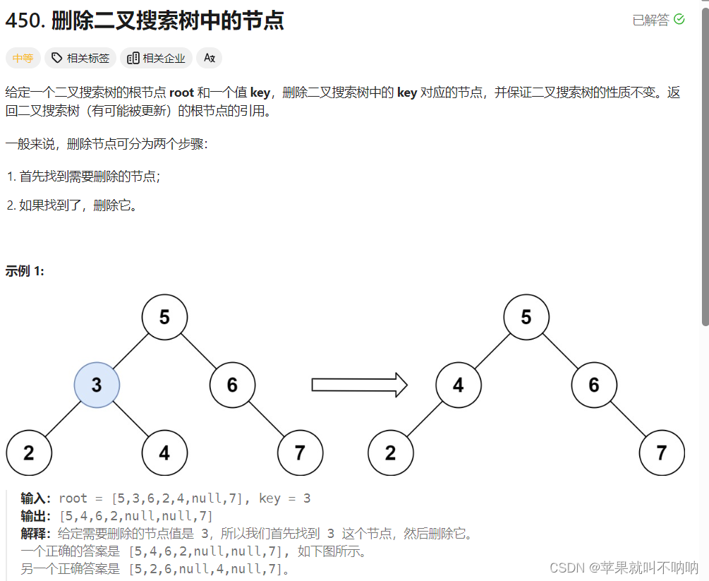 ★【<span style='color:red;'>删除</span><span style='color:red;'>二</span><span style='color:red;'>叉</span>搜索数节点】【递归】Leetcode 450. <span style='color:red;'>删除</span><span style='color:red;'>二</span><span style='color:red;'>叉</span>搜索<span style='color:red;'>树</span>中<span style='color:red;'>的</span>节点