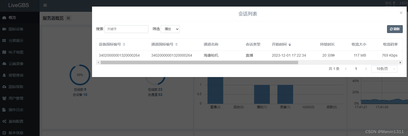 LiveGBS流媒体平台GB/T28181功能-概览中负载信息直播、回放、播放、录像、H265、级联查看负载会话列表