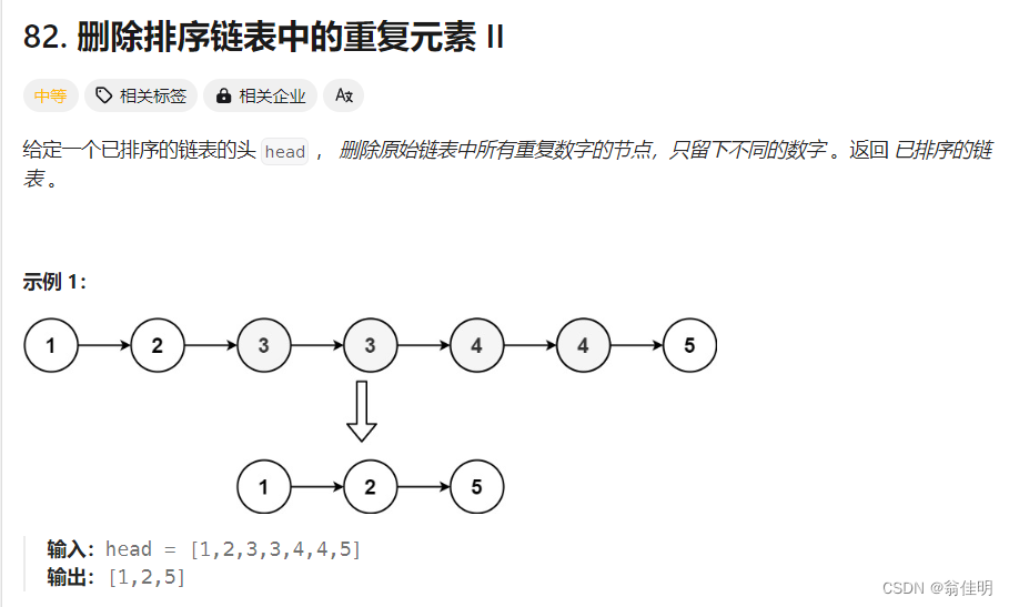 【LeetCode每日一<span style='color:red;'>题</span>】82. <span style='color:red;'>删除</span>排序<span style='color:red;'>链</span><span style='color:red;'>表</span><span style='color:red;'>中</span><span style='color:red;'>的</span><span style='color:red;'>重复</span><span style='color:red;'>元素</span> II