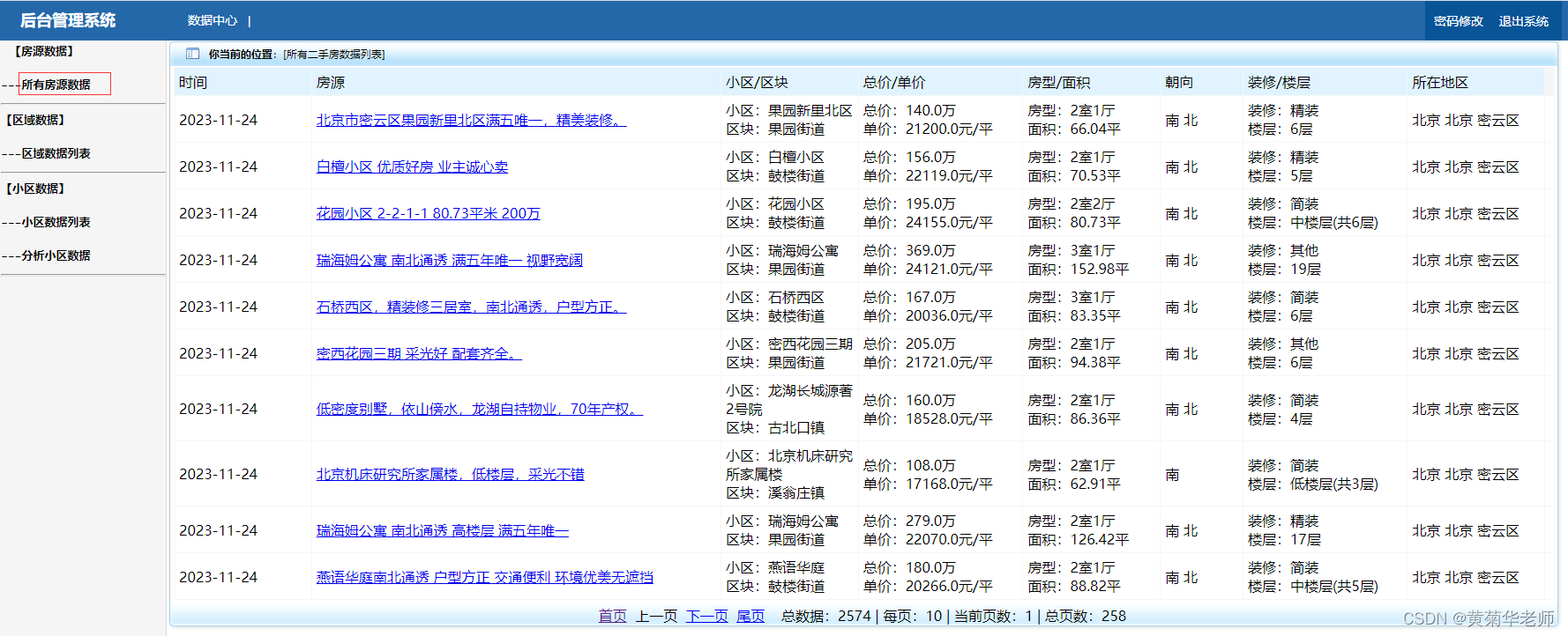 Python杭州二手房源爬虫数据可视化分析大屏全屏系统