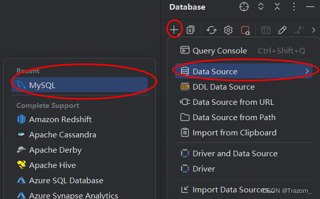 按加号选择Data Source 然后在下面找到MySQL